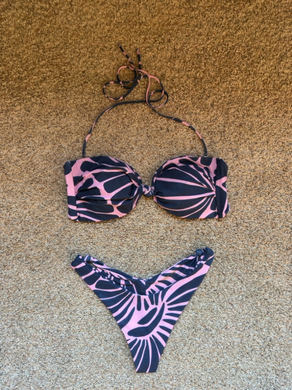 Skatie Pink and Black Tropical Print Bikini Set size large